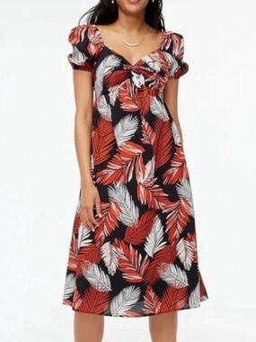 J.Crew Floral Leaf Puff-Sleeve Midi Dress in Black & Red